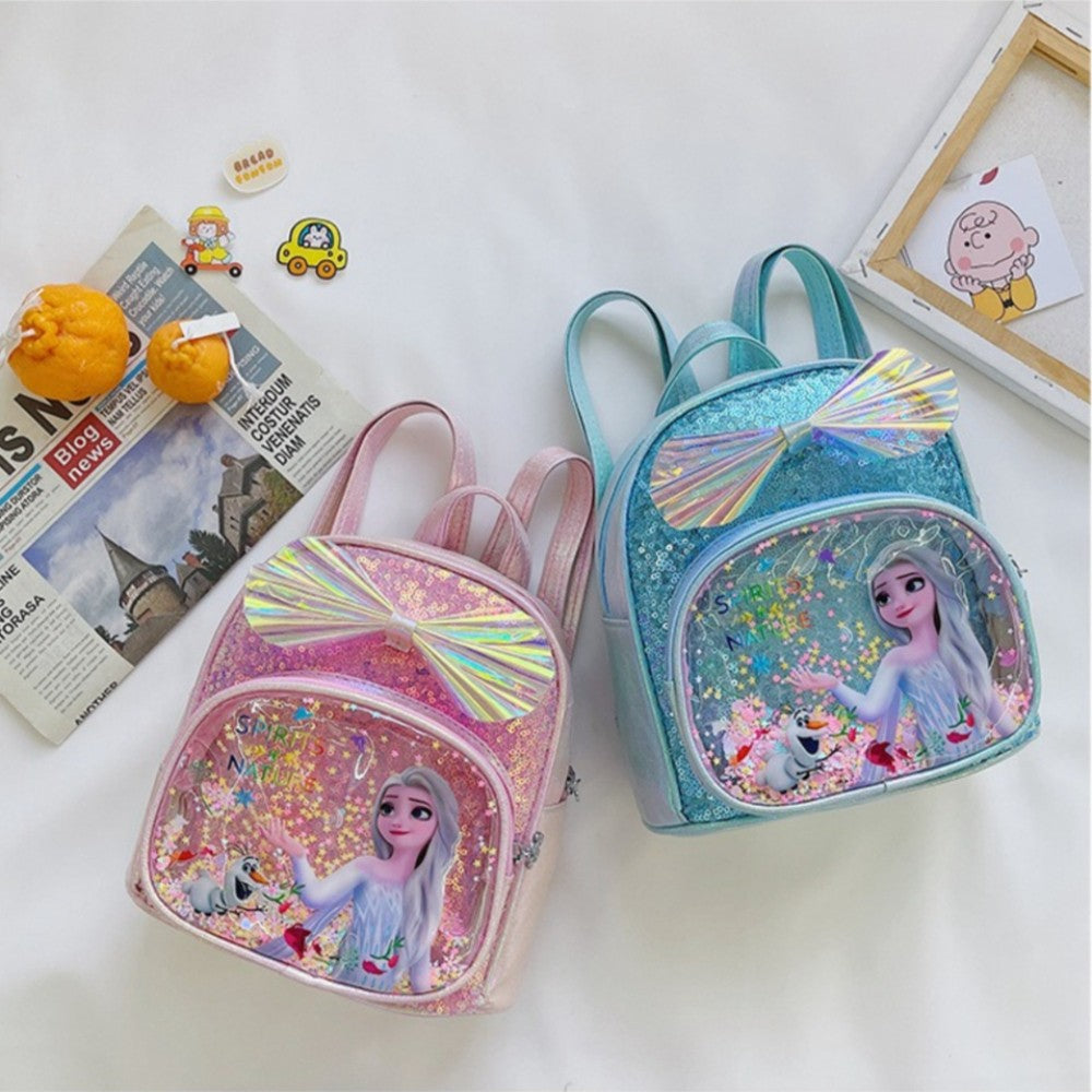 Mochila Mini de Glitter Princesa Elsa de Frozen da Disney, Linda com Laço de Lantejoulas, Bolsa Escolar de Jardim de Infância para Meninas, Desenho Animado Infantil, Mochila de Ombro Duplo