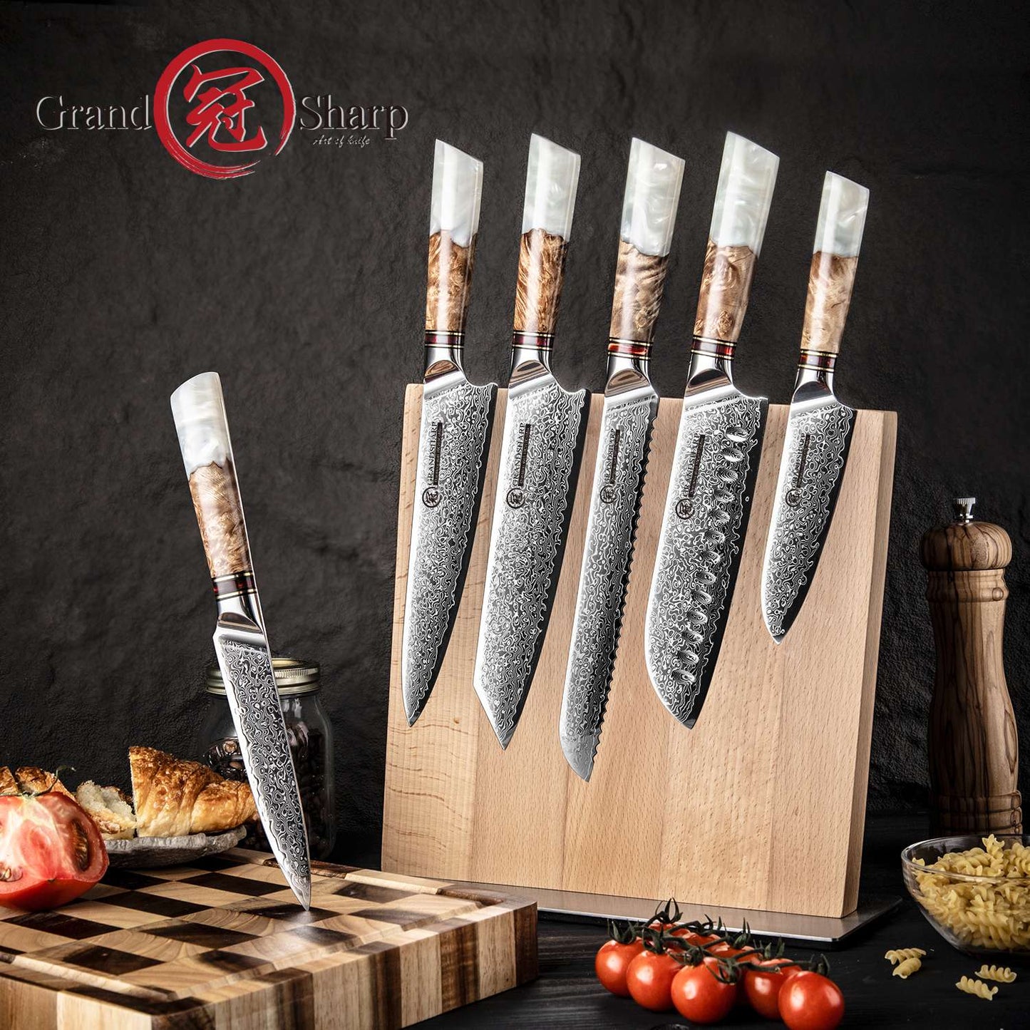 Grandsharp 1-6Pcs Kitchen Knife Set 67 Layer Damascus Steel Solidified Wood Handle Chef Utility Paring Knife with Gift Box