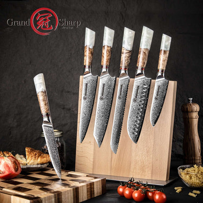 Grandsharp 1-6Pcs Kitchen Knife Set 67 Layer Damascus Steel Solidified Wood Handle Chef Utility Paring Knife with Gift Box
