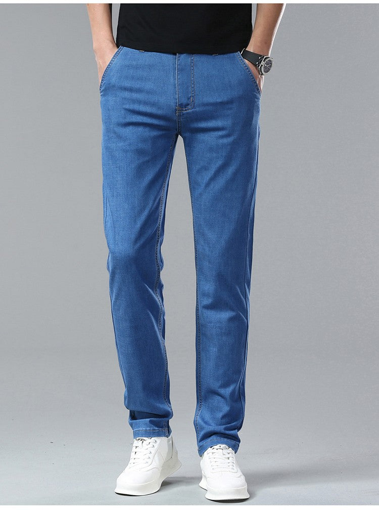 Light Blue Classic Business Casual Cotton Pants Fashion Breathable Denim Elastic Trousers Brand Men's Clothing Straight Jeans