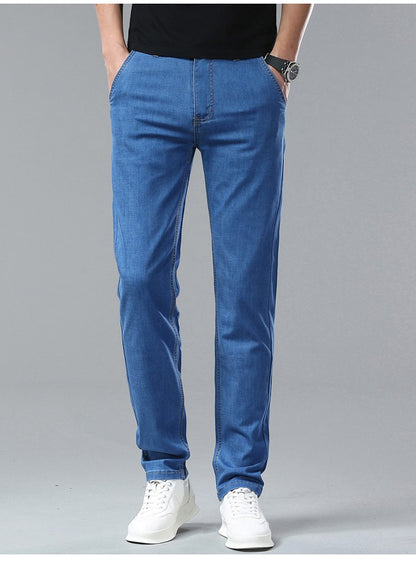 Light Blue Classic Business Casual Cotton Pants Fashion Breathable Denim Elastic Trousers Brand Men's Clothing Straight Jeans