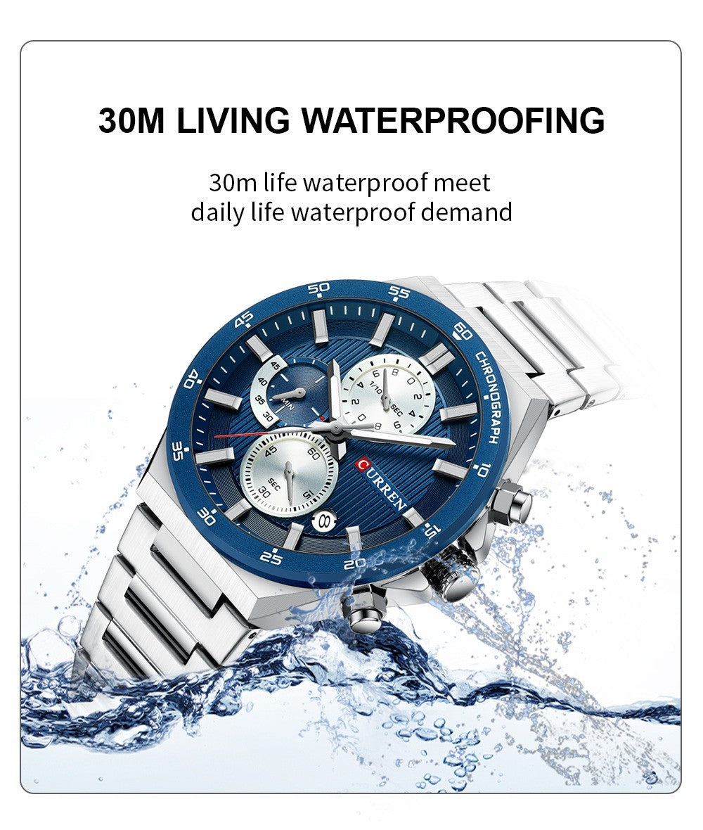 CURREN Classic 43mm Men's Watch Chronogrph Quartz Wristwatch with Stainless Steel Band Luminous Hands Auto Date