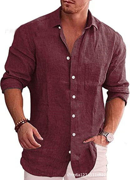Men's Loose Large Size Solid Color Shirt Linen Collar Long Sleeve Casual Shirt
