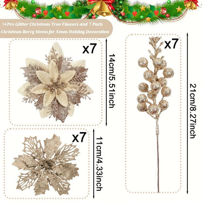 21Pcs Artificial Flowers Berry Bouquet Christmas Decoration Vase for Home Room Decor Fake Flowers Garland Ornament Accessories