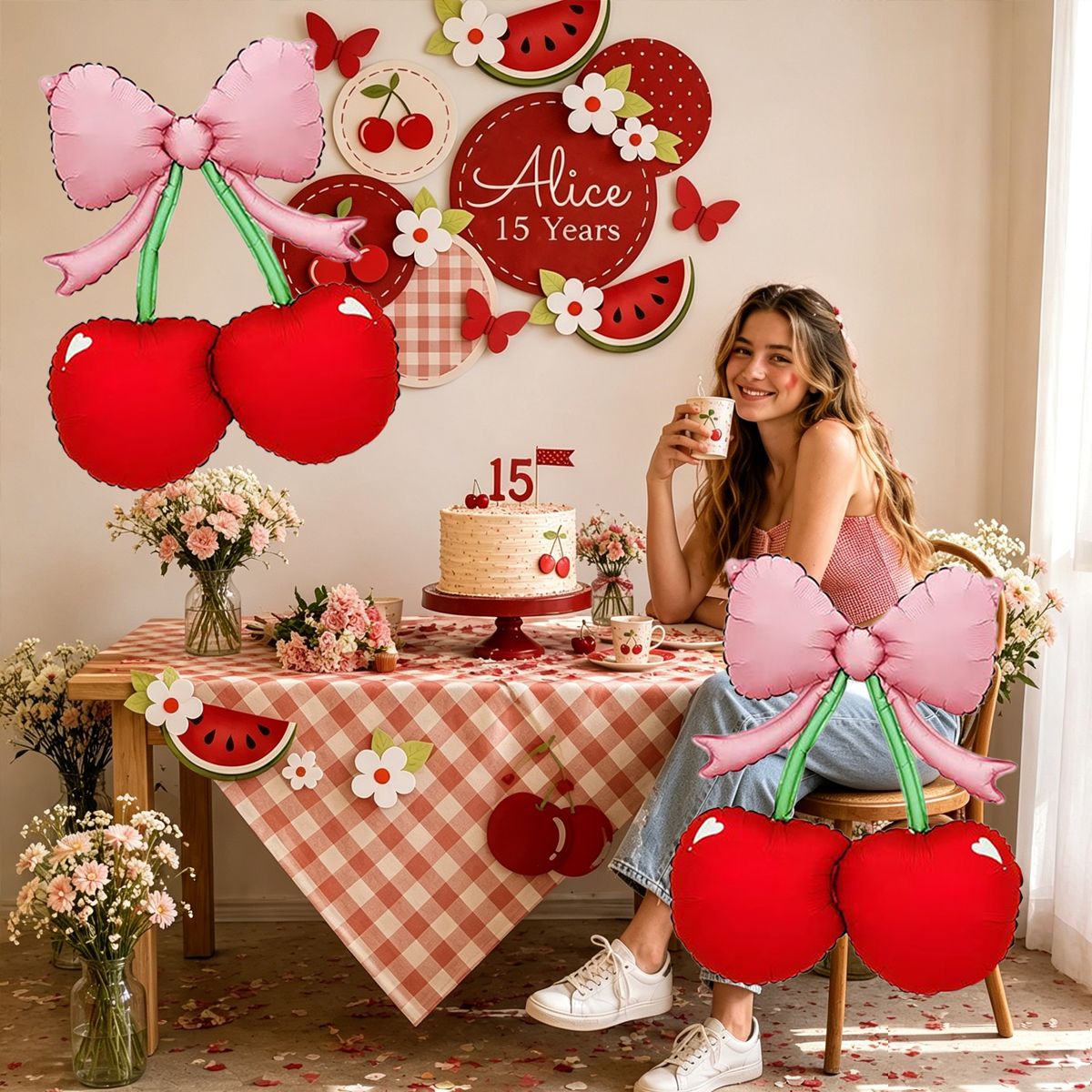 2pcs Set  Bowknot & Cherry Foil Balloons — Perfect for Birthdays, Summer Parties, Outdoor Picnics, and Cherry-Themed Events
