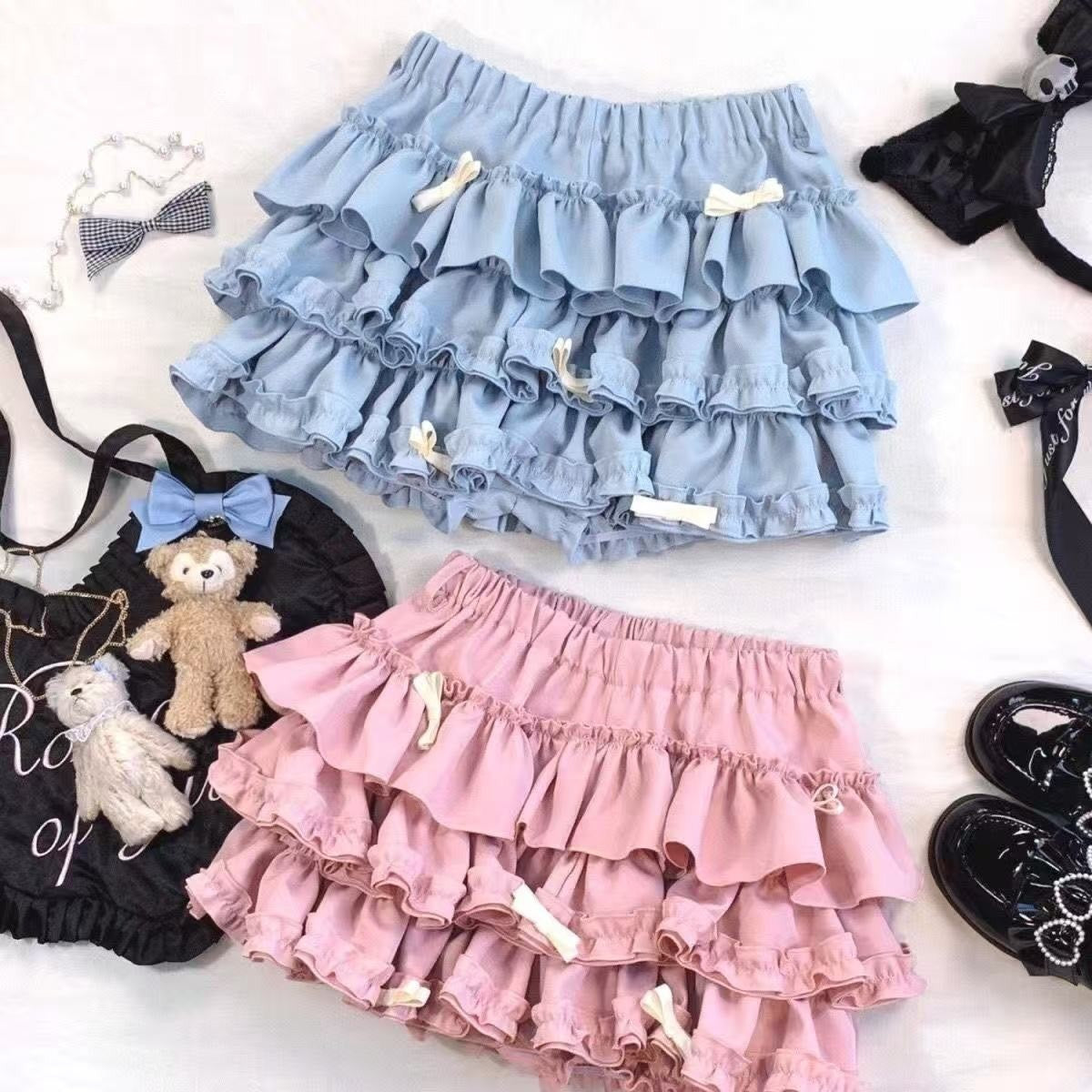 2025 Summer New Versatile Women's Clothing Blue Bow Lace Cake Tutu Mini Skirt Kawaii Pink Sweet Cute Thin A-line Skirts Ladies