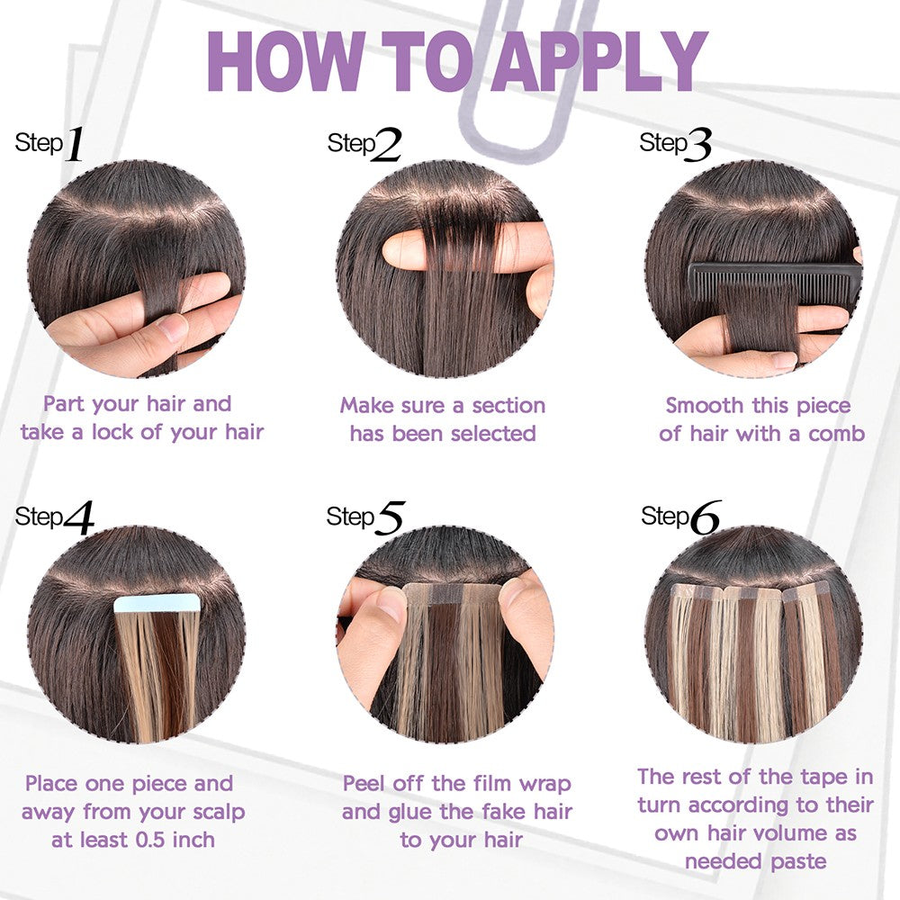 Fita Adesiva Reta para Extensões de Cabelo, Extensões de Cabelo Natural, Fita Adesiva Mini, Invisível, Sem Costura, Loira, Sedosa, Natural para Mulheres