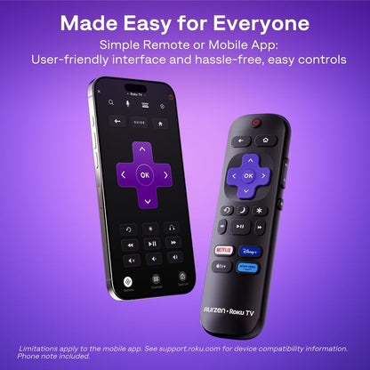 Projetor Smart Roku TV com Wi-Fi e Bluetooth, experiência de streaming Roku integrada, Full HD 1080P, áudio Dolby, foco automático e correcção keystone.