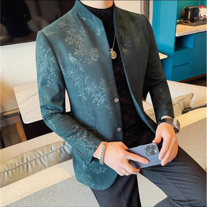 Men's New Chinese Stand Collar Blazer Jacket 2025 Fashion Elegant Printed Slim Fit Business Suits Jacket Tailcoat Men Clothing
