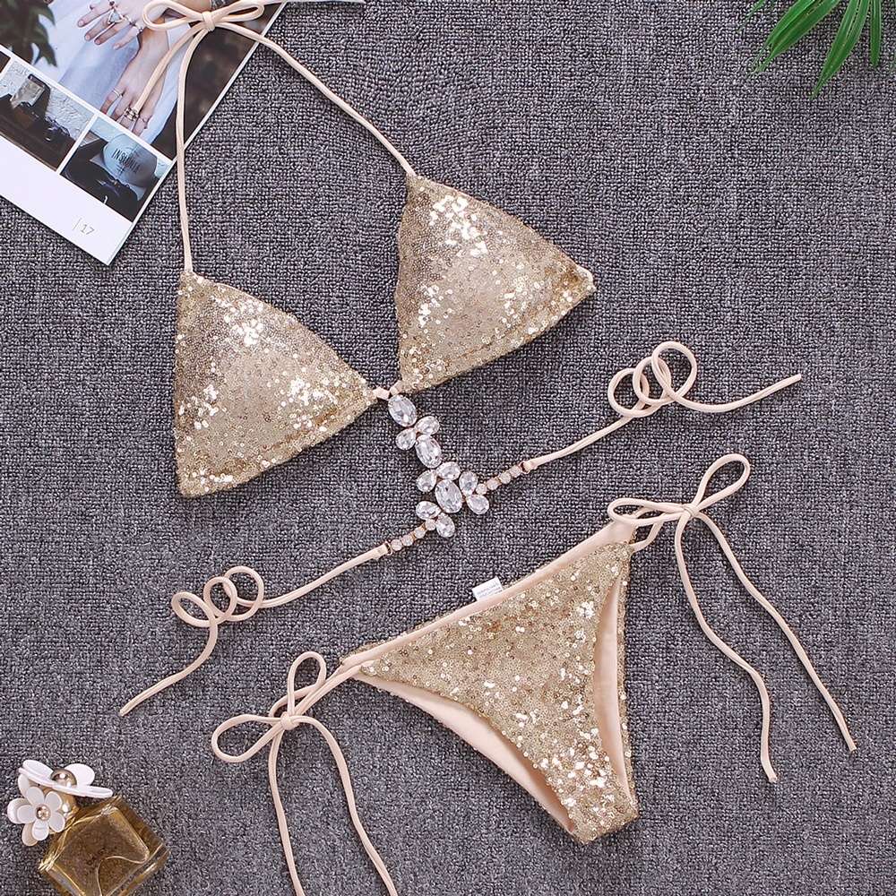 Sequins Sexy Bikinis Swimsuit With Rhinestones Women Swimwear Female Push Up Bikini Beach Swim Wear Bathing Suits Pool Bather