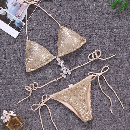 Sequins Sexy Bikinis Swimsuit With Rhinestones Women Swimwear Female Push Up Bikini Beach Swim Wear Bathing Suits Pool Bather