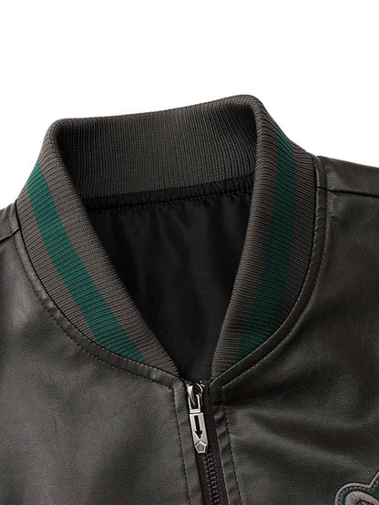 Men'S Baseball Jacket - Windproof Warm Coat with Zipper Closure, Brown & Green Accent Jacket, Non-Stretch Shell for Casual Outer
