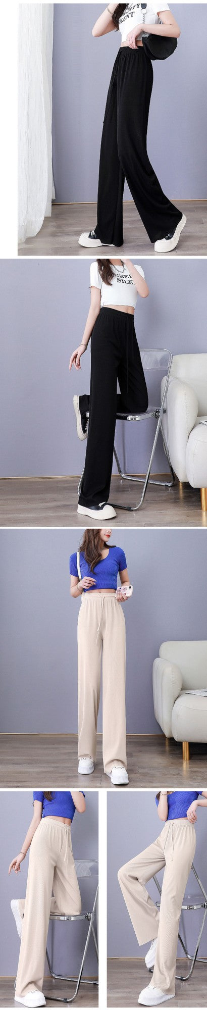 Women Pants Spring Summer Ice Silk Wide Leg Pants 2025 High Waist Loose Straight Casual Pant Female Outdoor Black Trousers