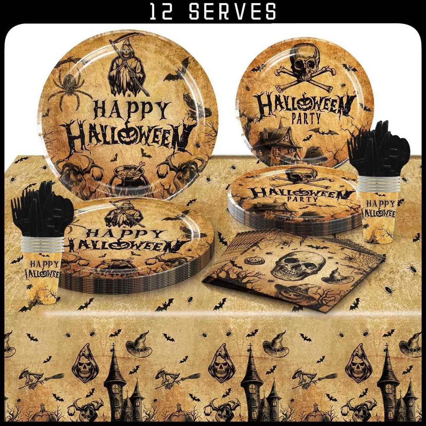 Conjunto de Louça de Festa de Halloween Pratos Festivos Guardanapos Toalha de Mesa Louça Descartável para 10/12 Convidados Decoração de Halloween