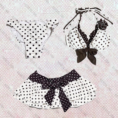 Summer Y2K Harajuku Kawaii Polka Dot Bowknot Women's Bikini Set Streetwear Fashion Casual 2000s Aesthetic Sexy Women's Skirt emo