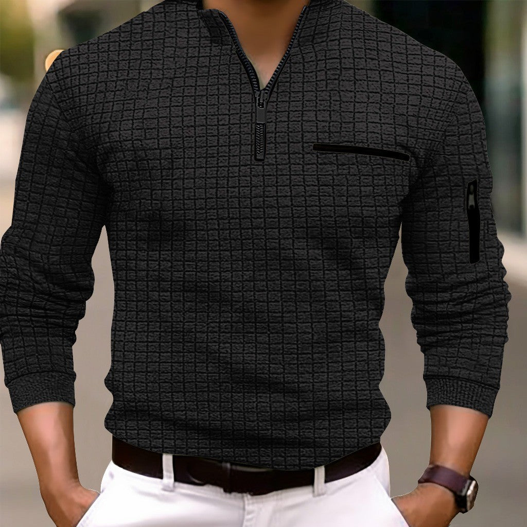 Europe and the United States men's sports casual shirt long sleeve checkerboard checkered POLO shirt slim arm zipper polo shirt