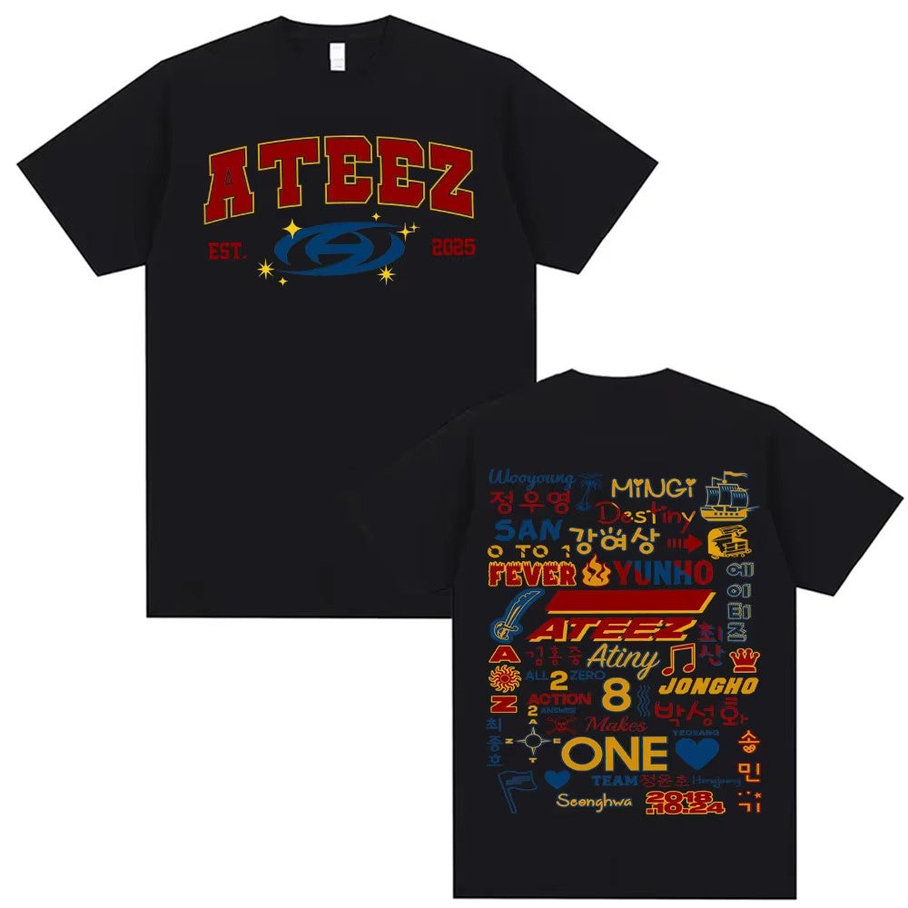 Kpop Ateez 2025 World Tour in Your Fantasy Merch T Shirts Men Women Korean Fashion Retro High Street T-shirt 100% Cotton T Shirt