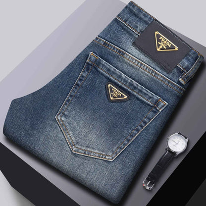Milão Qualidade Premium Europeia Outono/Inverno Calças Jeans Masculinas Emagrecem Sua Silhueta Solta Reta Elástica Vintage