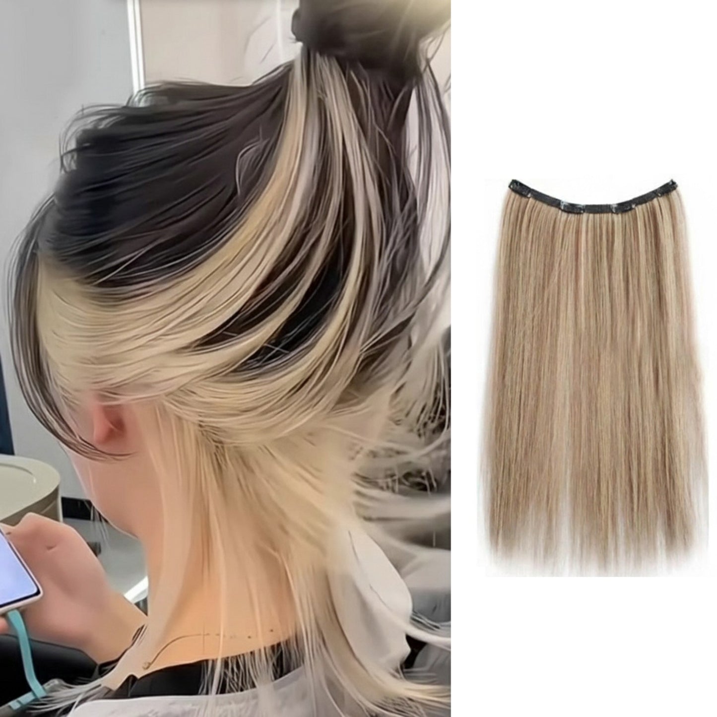 Extensão de Cabelo Sintético Liso Com Clip, Peça Única, 4 Clips, Camada Interna Escondida, Cor de Cabelo, Peruca de Cor