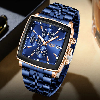 LIGE Top Brand Luxury Mens Watches Fashion Military Square Chronograph Quartz Wristwatches For Men Sports Waterproof Watch Men