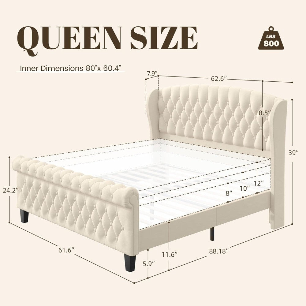 Cama Queen, Estrutura de Cama Estofada em Veludo de 99cm de Altura com Cabeceira e Peseira em Sleigh, Não Requer Box Spring,