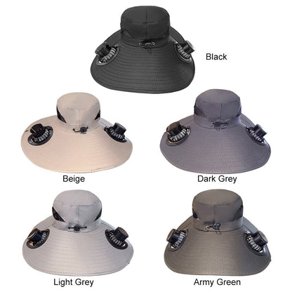Wide Brim Solar Fan Hat Sun Bucket Hat UV Protection Fishing Hat with 2 Removable Fan Sun Visor Hat for Men Women Fishing