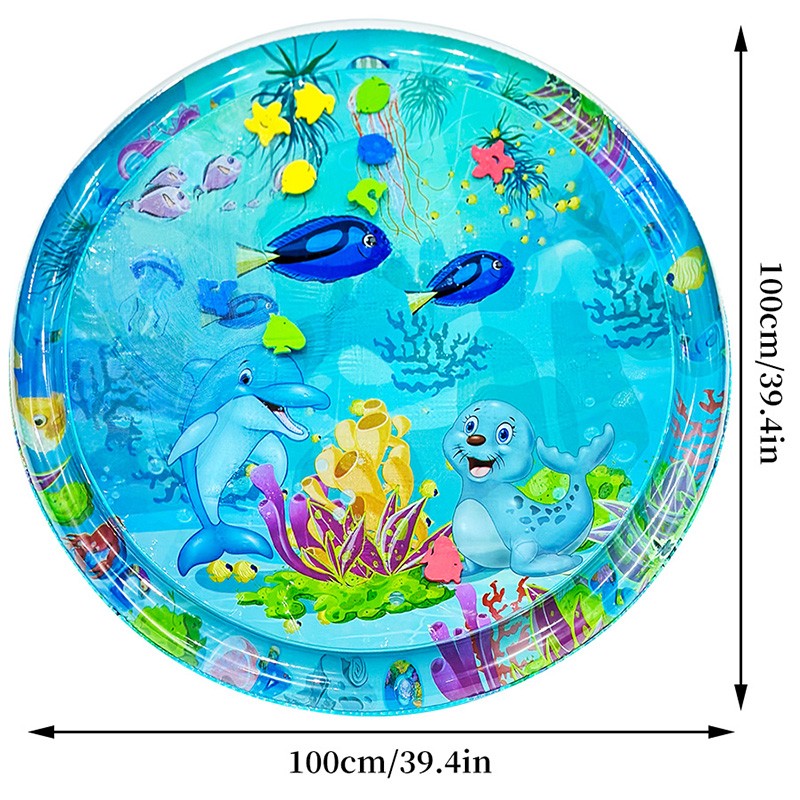 1pc 100cm/39.4inch PVC Baby Playing Water Mat Blue Round Seal Pattern Toddler Pad Kids Early Education Activity Toys Mat Cushion