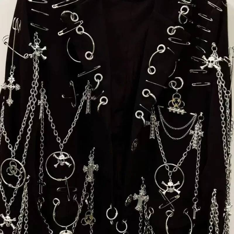 WVGA Spring Autumn New Men Y2K Dark Techwear Gothic Chain Design Blazer Punk Rock Heavy Beaded Niche Chic Casual Suit-Coat W8497