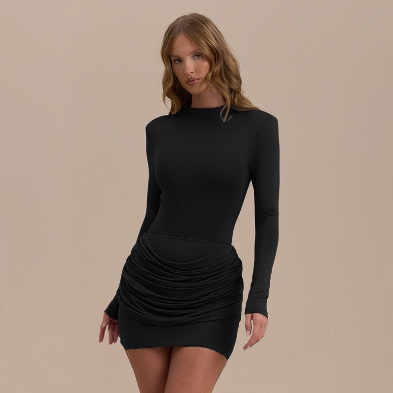 Lady Long Sleeve Ruched Sexy Mini Dress Women Autumn Winter New Elegant Solid High Waist Bodycon Club Party Dresses Female 2025