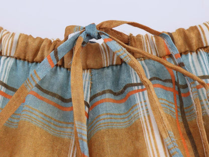 Women's 2025 Autumn Fashion Versatile Ramie Bloomers Plaid Printed Loose Pants Female High-Waist Drawstring Casual Trousers