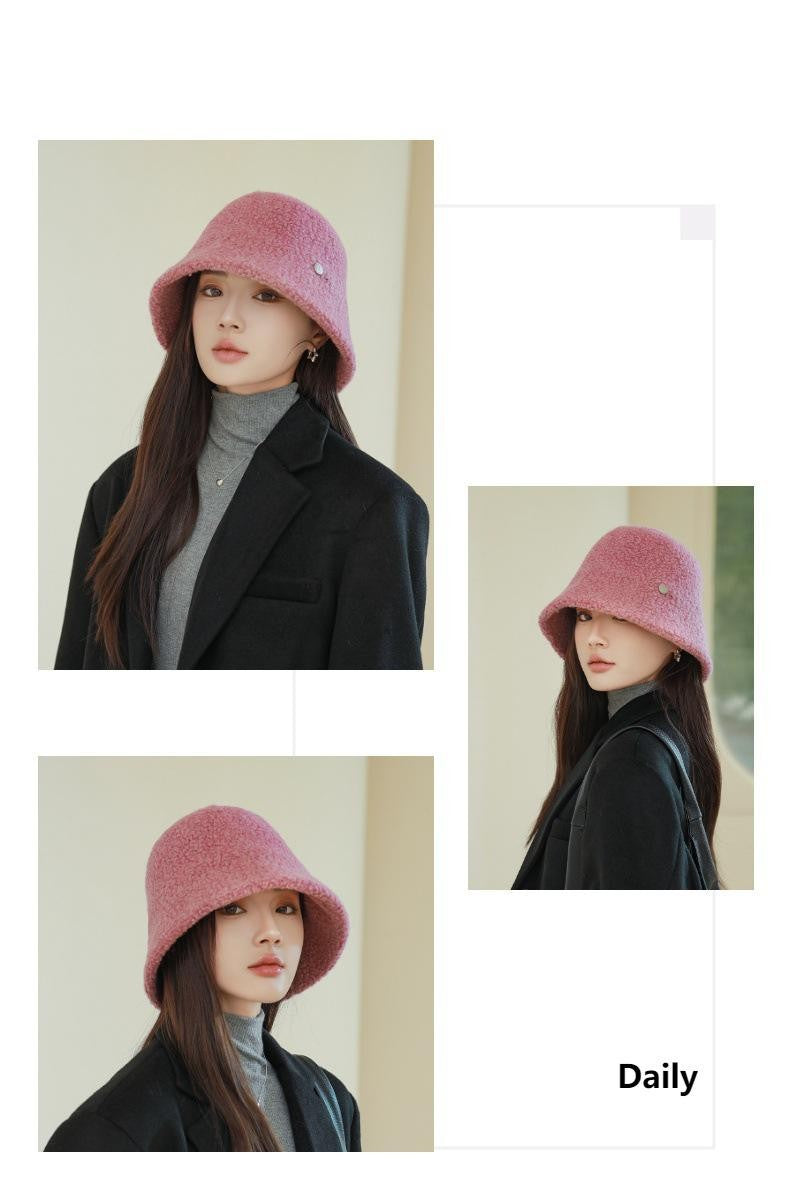Chapéu Bucket Feminino Outono Inverno Lã Aba Larga Quebra-Sol Bob Cap Manter Quente Casual Vintage Acessórios de Chapéu Feminino