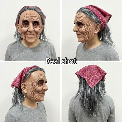Unique Old Grandma Mask Halloween Carnival Costume Party Realistic Peasant Woman Performance Mask