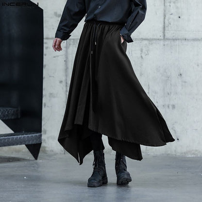 INCERUN Men Irregular Pants Solid Color Drawstring Loose Casual Wide Leg Trousers Men Streetwear 2025 Fashion Male Skirts Pants