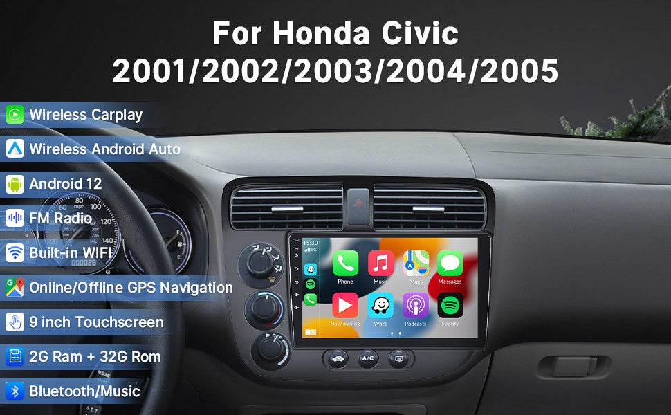 9" Wireless Car Radio for Honda Civic 2001-2005 HD Touchscreen CarPlay Android Auto Car Video Player with GPS WiFi Backup Camera