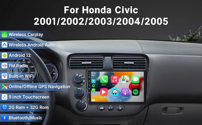 9" Wireless Car Radio for Honda Civic 2001-2005 HD Touchscreen CarPlay Android Auto Car Video Player with GPS WiFi Backup Camera