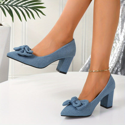 Women's Bowknot Denim Pumps Pointed Toe Slip on Chunky High Heels Fashion Dress Shoes Sapatos Femininos