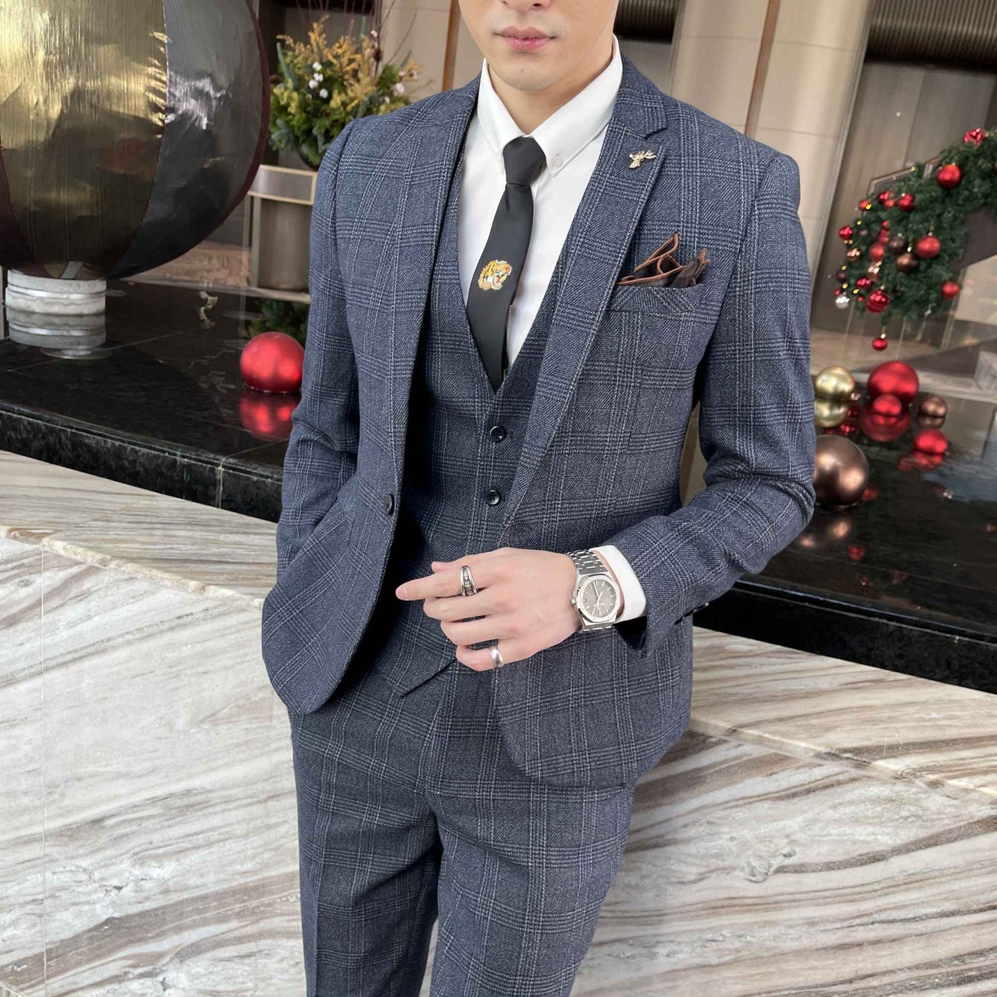 British Korean Style High Quality Modified Plaid Three-Piece Suit for Men - Stylish Business Casual Suit Vest And Trousers Set
