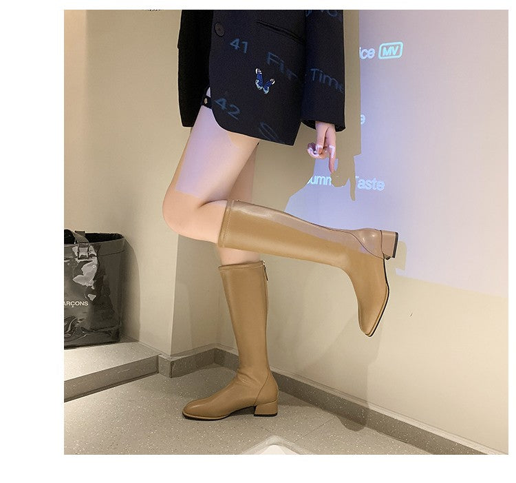 Women Black High Heel Long Boots Fashion Spring Autumn Warm Knee High Boots Soft Leather Thigh High Boots Shoes Zipper