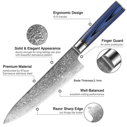 Conjunto de Facas de Cozinha 1-7 Peças, Aço Damasco Ultra Afiado para Chefe, Pão, Santoku, Desossar, Utilitárias, Lâmina com Padrão de Rosa Cabo G10 Azul
