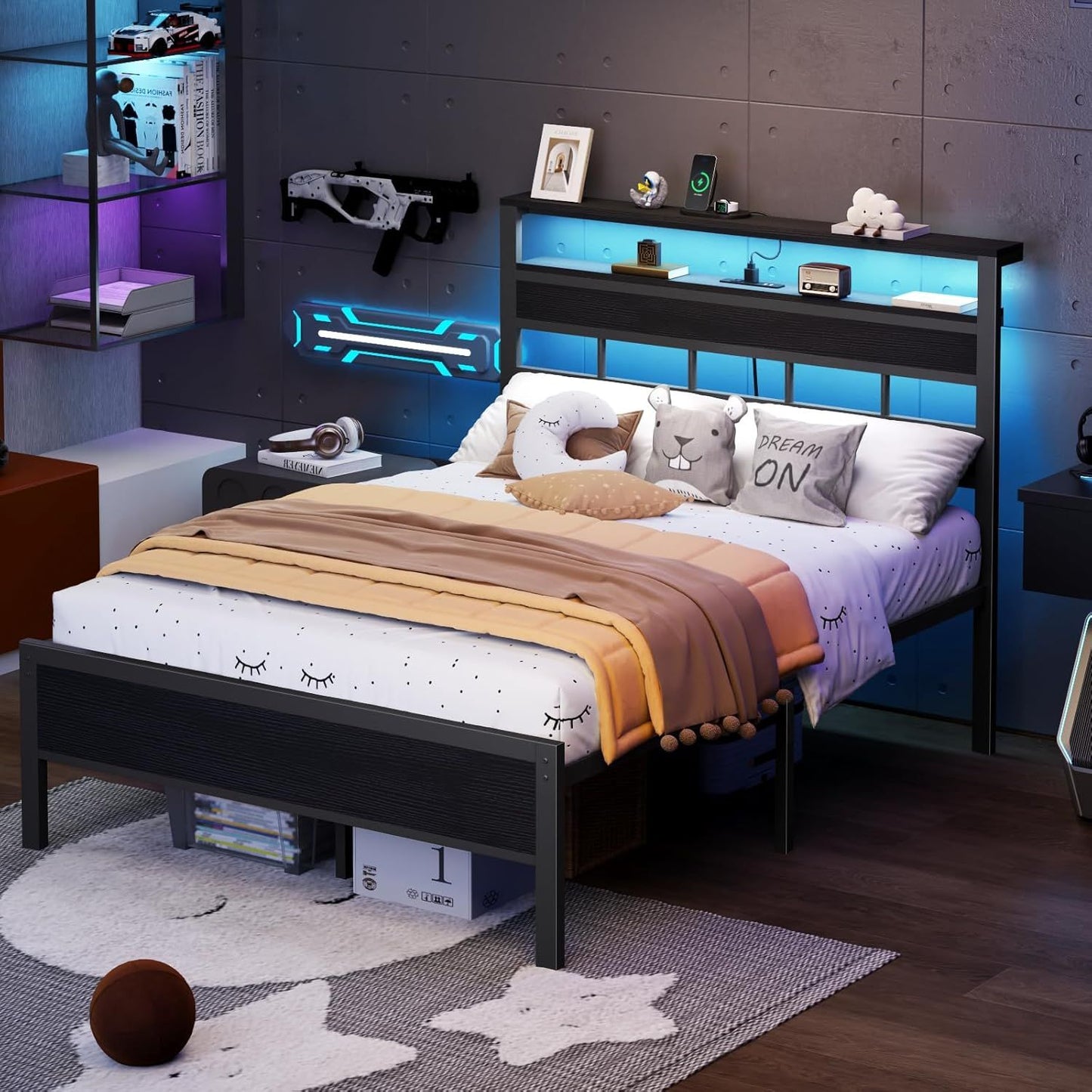 Sleek Full Size Bed Frame with Glowing LED Lights & USB Charging Station | Modern Storage Headboard