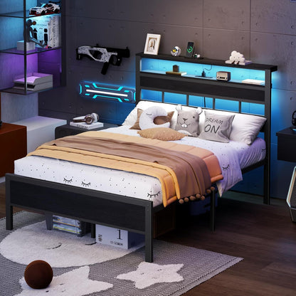 Sleek Full Size Bed Frame with Glowing LED Lights & USB Charging Station | Modern Storage Headboard