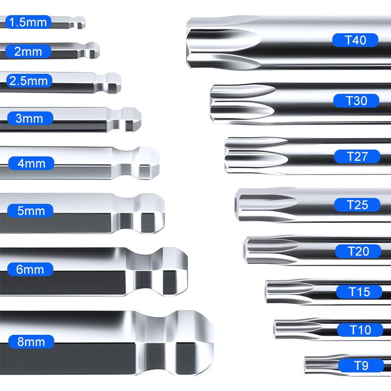 Conjunto de Chaves Allen Dobráveis 8 em 1 CR-V Métricas com Ponta Esférica, Ferramenta de Chave Torx Portátil, Kit de Chave Estrela Portátil