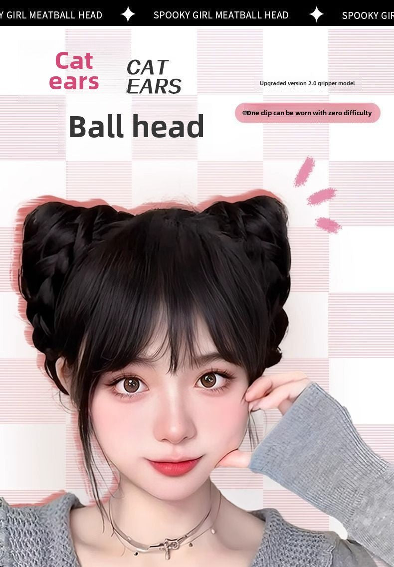 Cat Ear Wig Claw Clip Bun Hairpiece Cute Double Bun Hair Accessory Updo Flower Bun Synthetic Wig
