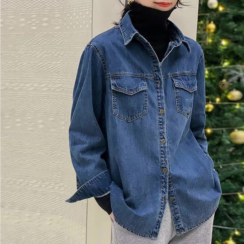 Korean Women Long Sleeve Jeans Shirt With Bottom Tops Coat Retro Style Female Spring Loose Cowboy Cardigan Blouse Denim  Jacket