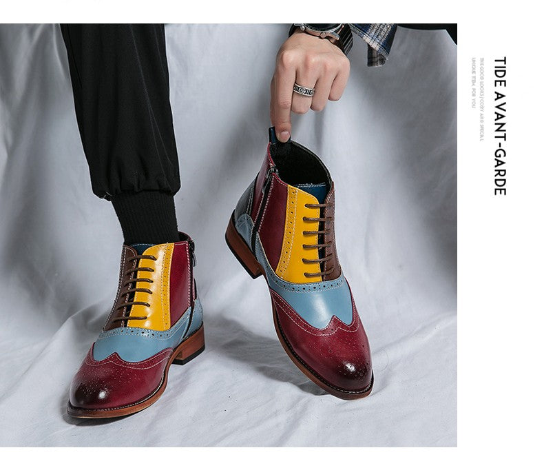 Luxury Fashion Men Leather Boots Flats British Style Sharp Pointed Color Matching Men Shoes Mens Slip-on Outdoor Flats Size 48