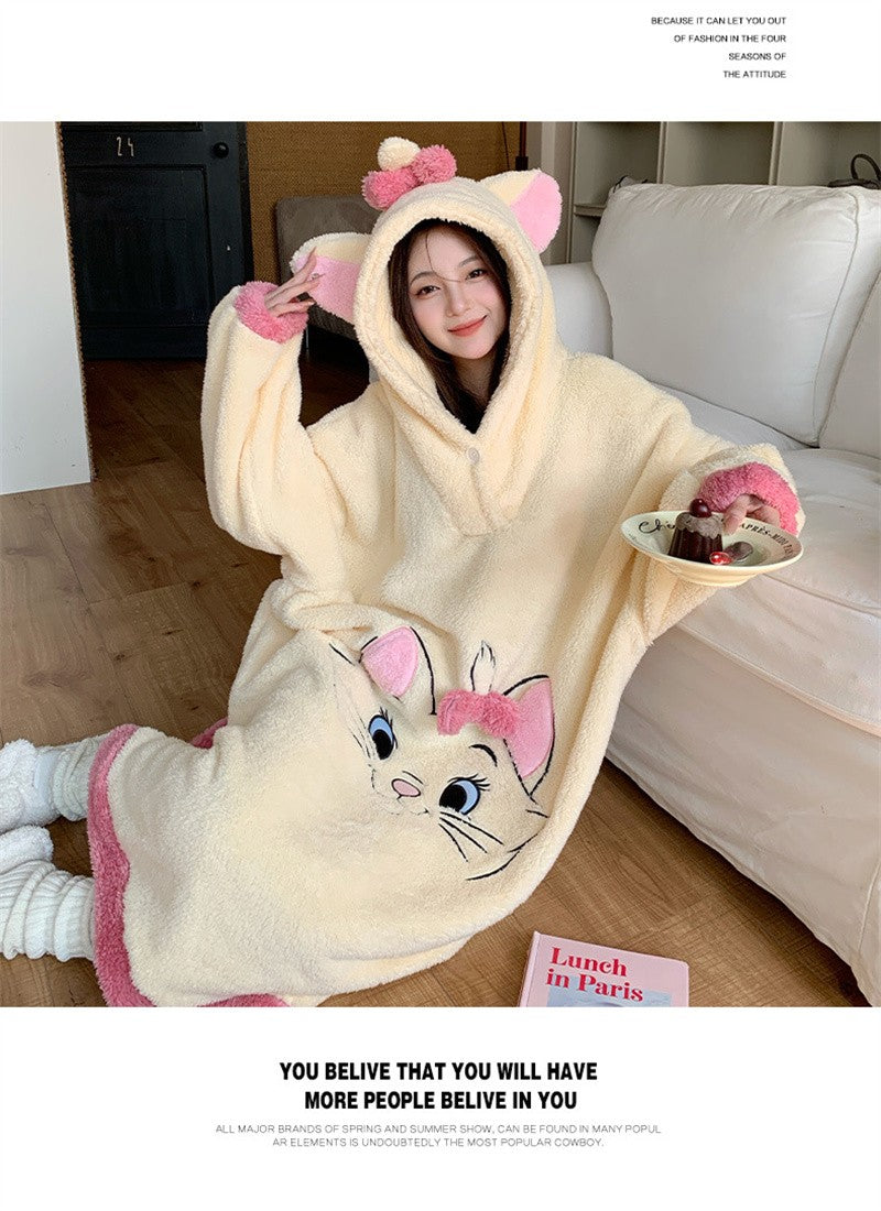 Camisola de Gatinha Marie da Disney Kawaii Desenho Animado Feminino Inverno Veludo Coral Longo Veludo Grosso Solto com Capuz Robe de Banho