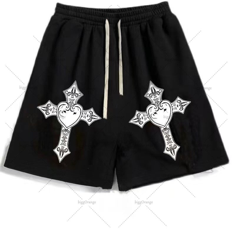 Street Hip-hop Cross Design Pattern Loose Casual Shorts Men American Y2K Harajuku Oversized Fashion Versatile Mid-pants Women