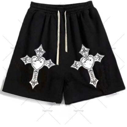 Street Hip-hop Cross Design Pattern Loose Casual Shorts Men American Y2K Harajuku Oversized Fashion Versatile Mid-pants Women