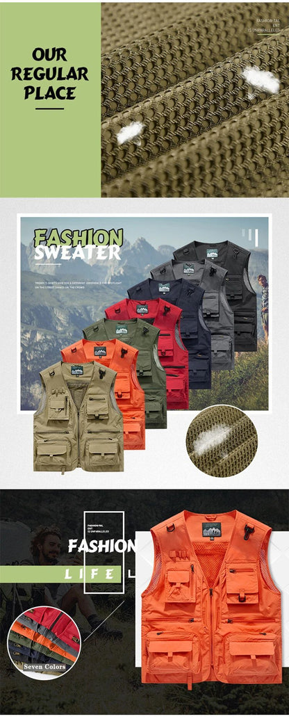 Colete Masculino de Malha com Vários Bolsos Secagem Rápida Sem Mangas Jaqueta Repórter Solto Casual Fino para Pesca Colete Masculino