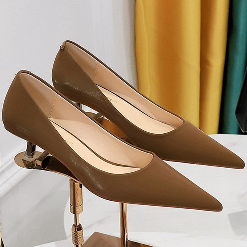 New Big Size Women's Boat Shoes Leather 4.5cm High Heels Pointed Toe Pumps Stilettos Basic Pump For Female White Black Wine Red